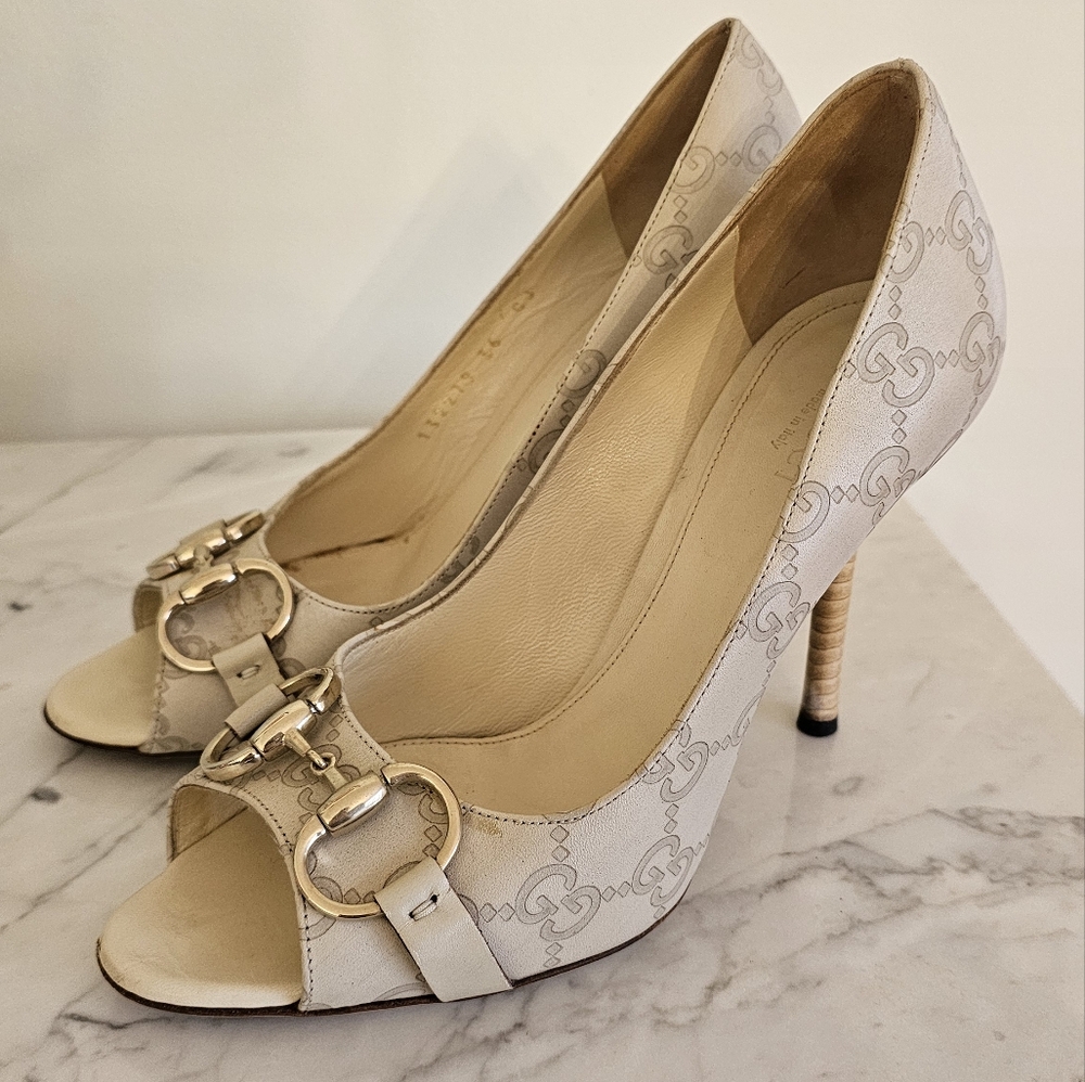 Size 36C | Gucci Authentic open-toe heels in ivory